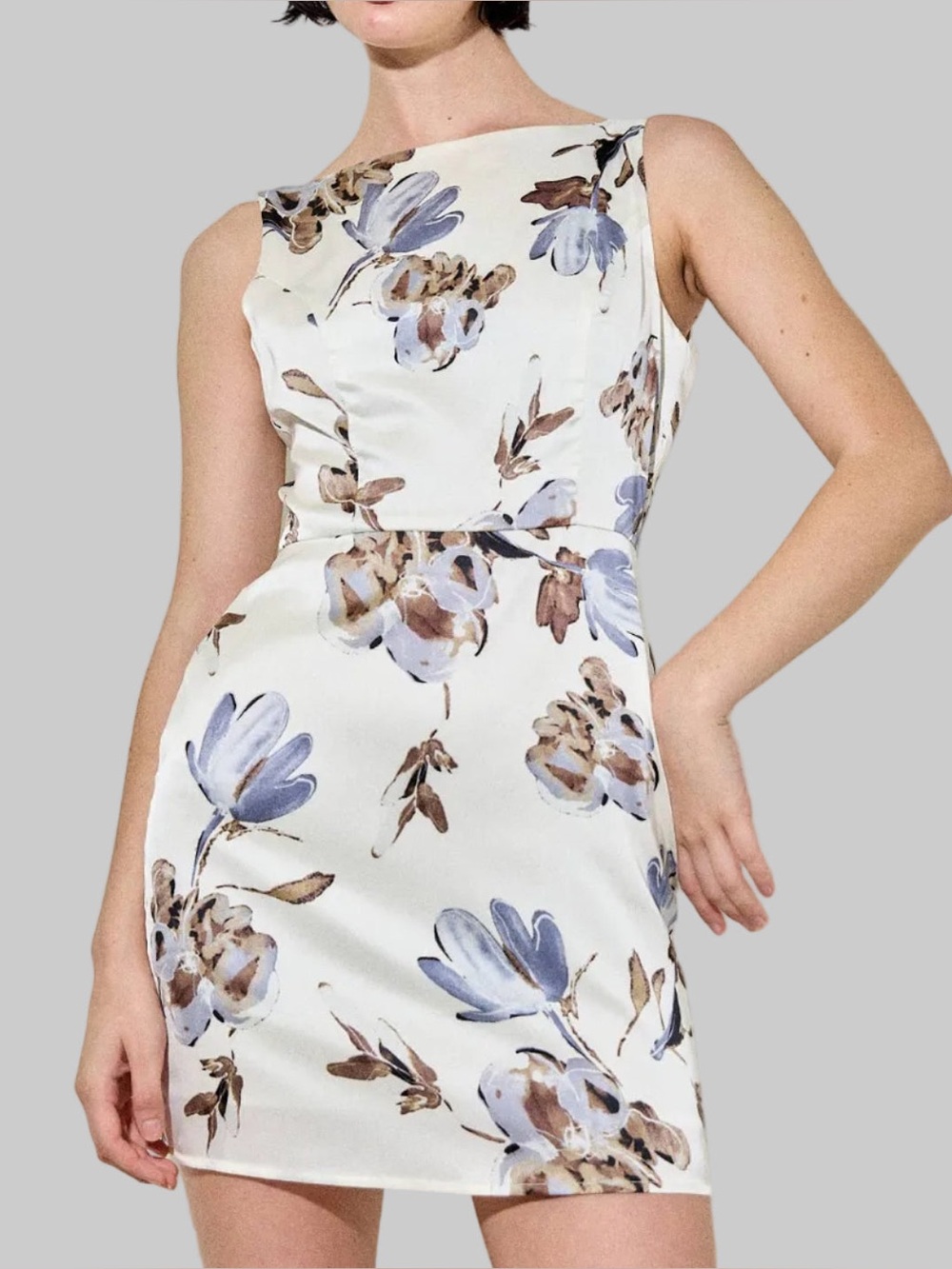Ivory Floral Sheath Mini Dress with Blue and Tan Blooms